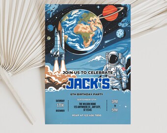Invitación de cumpleaños espacial editable, invitación de cumpleaños de astronauta con cohetes y planetas, invitación para fiesta espacial de astronautas infantiles, descarga instantánea