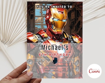 Sjabloon Ironman verjaardagsfeestje uitnodiging, afdrukbare Ironman held verjaardagsuitnodiging, uitnodiging superhelden, bewerkbare held uitnodiging