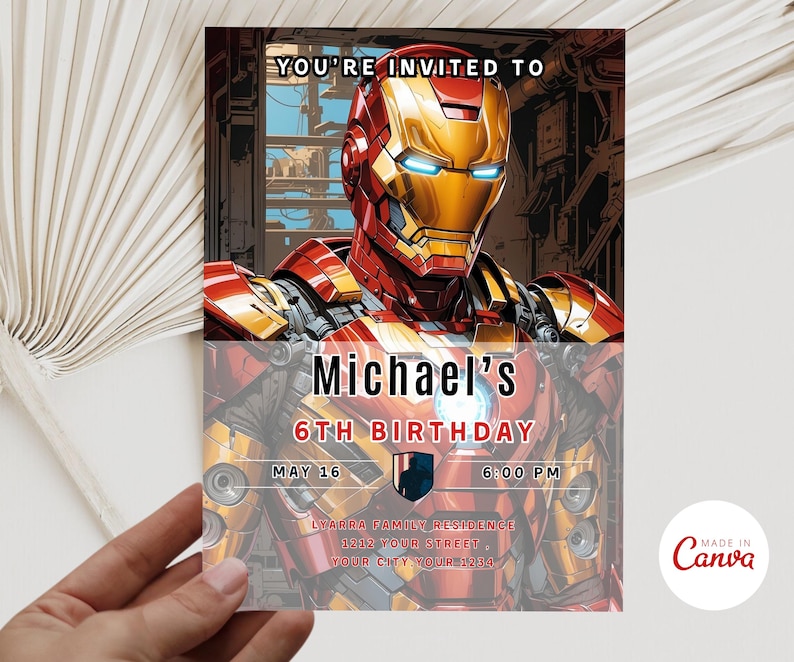 May include: An invitation card featuring Iron Man in red and gold armor. The card reads "You're Invited To Michael's 6th Birthday" with the date, time, and address details. The Canva logo is in the bottom right corner.