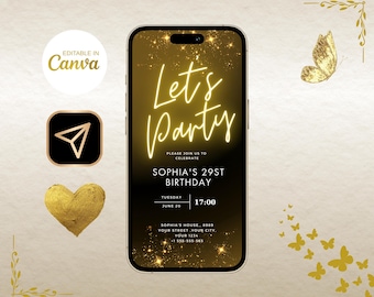Neon Gold Light Digital Party e-invite Template, Birthday Text Message Invitation, Downloadable Phone Party Evite, Black Neon Gold e-Invite