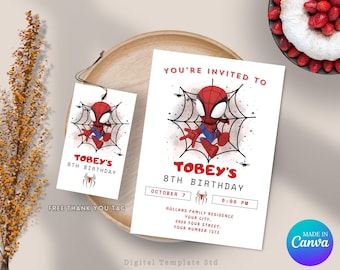 Spider man Invitation Template, Printable Birthday Party Invitation, Editable Spiderman Birthday Invite, Digital For Kids Birthday Template