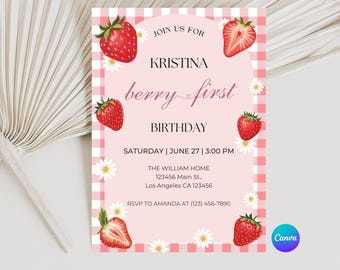 Berry First Birthday Invitation, Editable 1st Birthday Girl Invite, Printable Strawberry First Birthday Girl Invitation Template