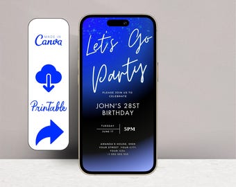 Modello di invito elettronico per feste digitali con luce blu scuro al neon, invito via SMS per compleanno, invito elettronico scaricabile per feste telefoniche, invito elettronico rosa blu scuro