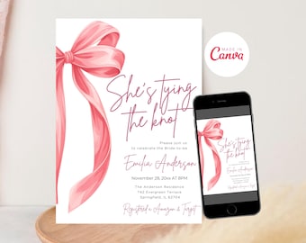 Modello di invito per la festa nuziale "She's Tying the Knot", invito minimalista modificabile per la festa nuziale con fiocco rosa, nastro per la festa nuziale con fiocco rosa