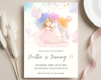 May include: A pastel-colored birthday invitation featuring a watercolor illustration of a girl in a pink dress holding balloons, alongside a unicorn. The text reads "Millie is turning 5!" with event details.