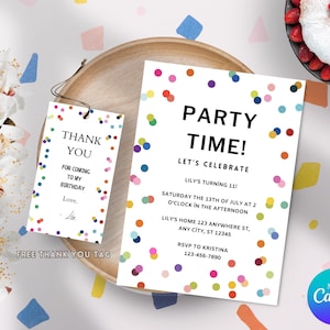 Editable Colored Confetti Bday Invitation Template, Printable Colorful Birthday Party Invite, Colourful Confetti For Kids Birthday Template