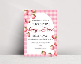 Berry First Birthday Invitation, Editable 1st Birthday Girl Invite, Printable Strawberry First Birthday Girl Invitation Template