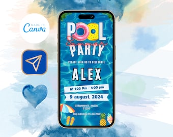 Pool Party Editable Invitation, Animated Summer Birthday Party Evite, Video Text Invitation, Pool Party Invitation, Electronic Invite