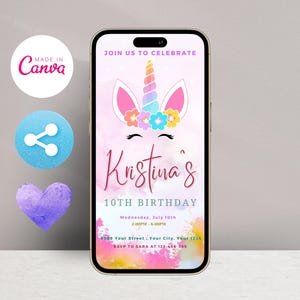 Invito di compleanno a tema unicorno arcobaleno, inviti di compleanno modificabili a tema unicorno magico, invito elettronico colorato via SMS, download immediato