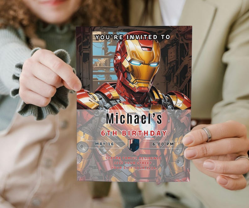 May include: A birthday invitation featuring Iron Man's helmet in gold, red, and yellow. The invitation reads "YOU'RE INVITED TO Michael's 6TH BIRTHDAY" with the date and time. The background has a comic book style.
