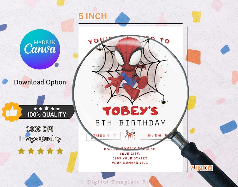 May include: A printable 5x7 inch birthday invitation featuring a cartoon Spiderman in a red and blue suit, hanging from a web. The invitation says "Tobey's 8th Birthday" in red text with a black spider graphic. The text "October 7, 6:00 PM" is also included.