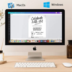 May include: A computer screen displaying a birthday invitation template with the text "Celebrate With Us!" and "Jackson's Birthday". The invitation is designed with a black and white color scheme and features a confetti design.