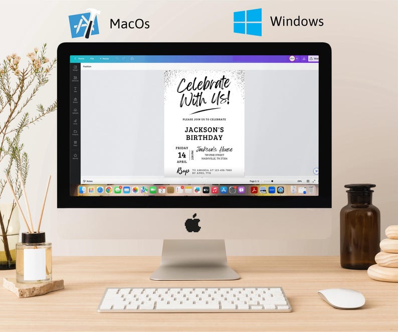 May include: A computer screen displaying a birthday invitation template with the text "Celebrate With Us!" and "Jackson's Birthday". The invitation is designed with a black and white color scheme and features a confetti design.