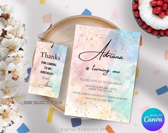 Editable Rainbow Colorful Watercolor Gold Glitter Sprinkles Ombre Pastel Birthday Invitation, 1st 2nd 3rd Printable Watercolor Gold Invite