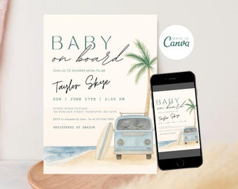 Invitación "Bebé a bordo", plantilla de invitación para baby shower de playa surfera, baby shower de verano editable, invitación imprimible, Baby Shower Evite