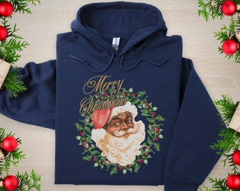 Vintage Black Santa  Merry Christmas Hoodie | Retro Holiday Illustration