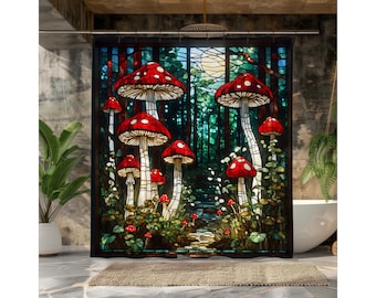 Mushroom Forest Shower Curtain: Faux Stained Glass Cottagecore Decor
