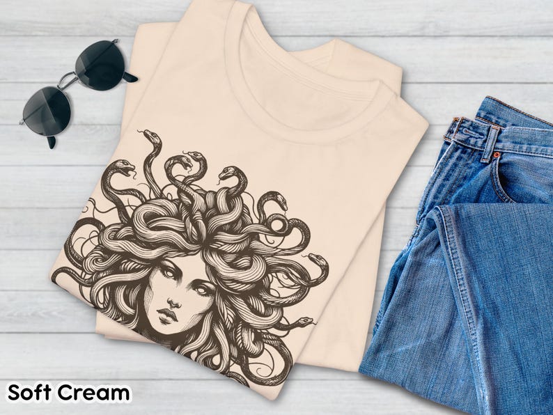 Medusa Tee, Feminist Shirt, Snake Head, Female Empowerment Gift, Winter Solstice Present, Sister Gift, Best Friend Gift, Gift for Birthday Soft Cream
