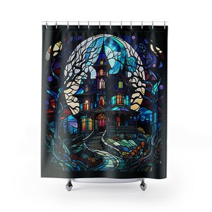 Spooky Halloween Shower Curtain - Black Crows, Gothic Castle, Orange Pumpkin & Fall Leaves Design - Waterproof Polyester With Hooks