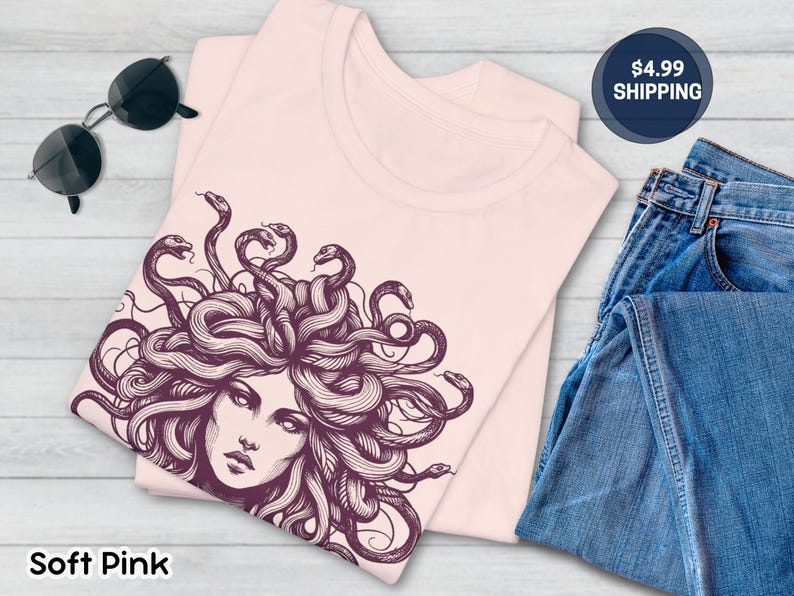 Medusa Tee, Feminist Shirt, Snake Head, Female Empowerment Gift, Winter Solstice Present, Sister Gift, Best Friend Gift, Gift for Birthday Soft Pink