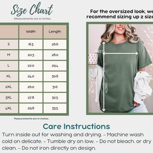 May include: Size chart with measurements in inches for a t-shirt, including width and length for sizes S to 4XL. The image also shows a person wearing a green t-shirt and care instructions.