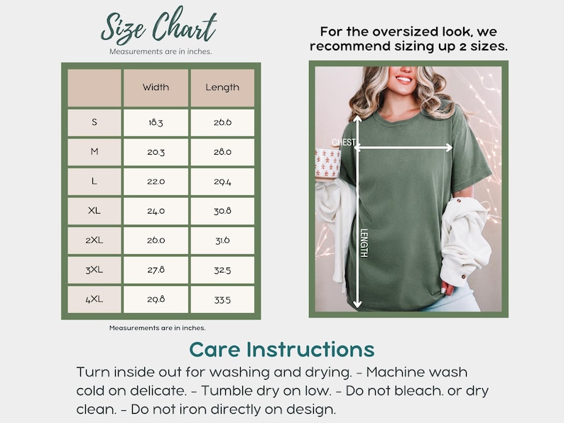 May include: Size chart with measurements in inches for a t-shirt, including width and length for sizes S to 4XL. The image also shows a person wearing a green t-shirt and care instructions.