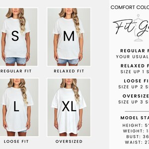 May include: A white t-shirt size guide with models wearing different sizes: S, M, L, and XL. The guide includes fit descriptions: Regular, Relaxed, Loose, and Oversized. Text on the right details fit instructions and model stats: height 5'5", weight 130 lbs, bust 36", waist 27".