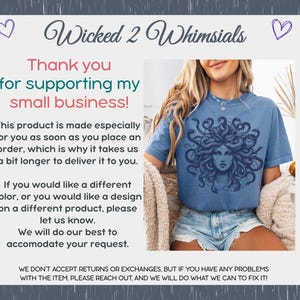 May include: A blue t-shirt featuring a Medusa graphic. The shirt is part of a small business, as indicated by the text. The image also includes text that says "Thank you for supporting my small business!"