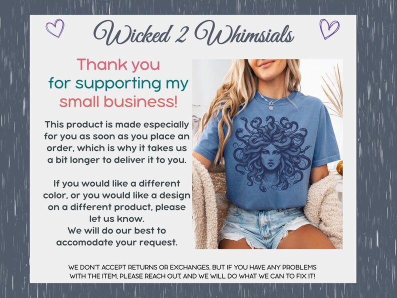 May include: A blue t-shirt featuring a Medusa graphic. The shirt is part of a small business, as indicated by the text. The image also includes text that says "Thank you for supporting my small business!"