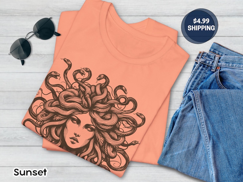 Medusa Tee, Feminist Shirt, Snake Head, Female Empowerment Gift, Winter Solstice Present, Sister Gift, Best Friend Gift, Gift for Birthday Sunset