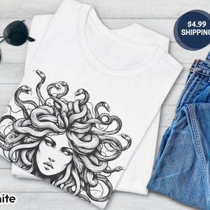 Medusa Tee, Feminist Shirt, Snake Head, Female Empowerment Gift, Winter Solstice Present, Sister Gift, Best Friend Gift, Gift for Birthday White