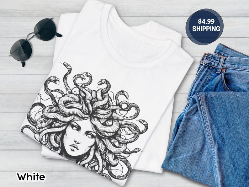 Medusa Tee, Feminist Shirt, Snake Head, Female Empowerment Gift, Winter Solstice Present, Sister Gift, Best Friend Gift, Gift for Birthday White