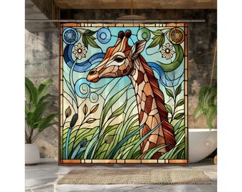 Giraffe Shower Curtain: Faux Stained Glass Jungle Bathroom Decor