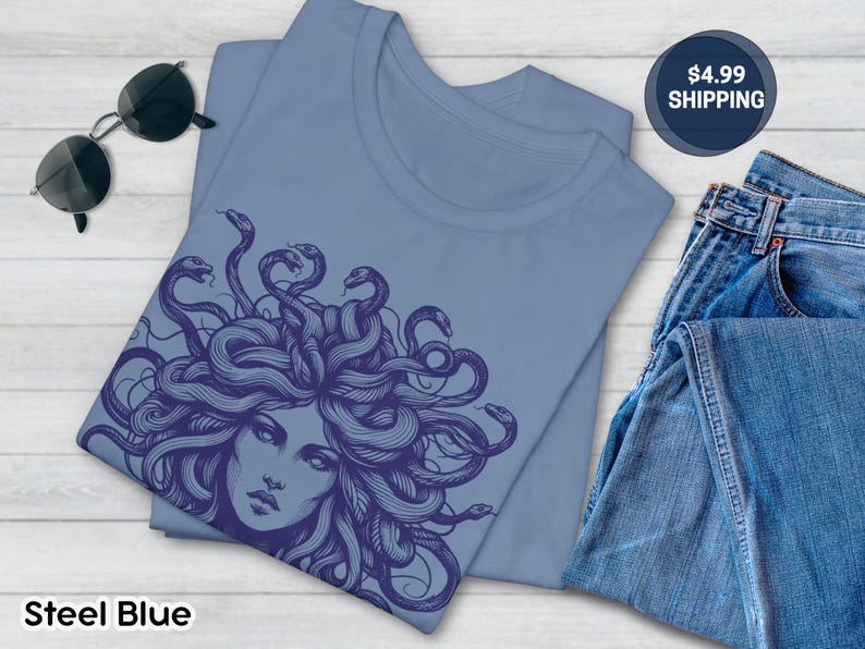 Medusa Tee, Feminist Shirt, Snake Head, Female Empowerment Gift, Winter Solstice Present, Sister Gift, Best Friend Gift, Gift for Birthday Steel Blue