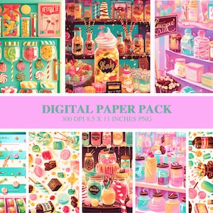 May include: A digital paper pack with 10 different patterns featuring candy, jars, and sweets. The patterns are in a variety of colors, including pink, blue, green, and yellow. The patterns are perfect for scrapbooking, card making, and other craft projects.