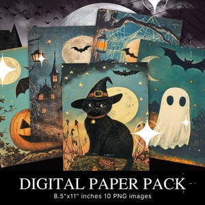 May include: A digital paper pack with 10 Halloween themed images. The images feature a black cat, a ghost, a pumpkin, a haunted house, bats, and stars. The images are in a vintage style and are perfect for scrapbooking, card making, and other crafting projects.