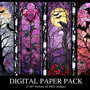 May include: A digital paper pack with 16 images of stained glass windows featuring bats, roses, and moons. The images are 2 inches by 6 inches.