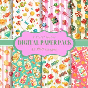 May include: A digital paper pack with 12 PNG images featuring candy and striped patterns in pink, blue, green, and yellow. The pack is 8.5" x 11" inches.