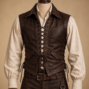 May include: A dark brown leather waistcoat featuring a front lace-up closure with metal eyelets, a pointed collar, and two small flap pockets. The waistcoat is worn over a long-sleeved cream-coloured shirt and paired with matching brown leather trousers and a belt.