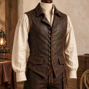 May include: A dark brown leather waistcoat featuring a high collar, a front button fastening with numerous small brass-toned buttons, and two side pockets with flaps. The waistcoat is worn over a long-sleeved, light beige shirt with gathered cuffs.