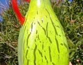 Blown Glass Vase Pitcher Crackle Green With Vermilion Red Sculpted Handle Flower Arrangement