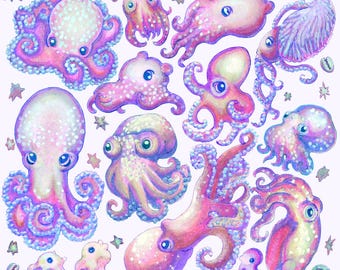 Cartolina di polpo / Mini stampa artistica 4,25x4