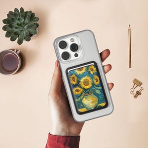 Carteira MagSafe, Girassol em Vaso, Couro Vegano, Forte Fixação Magnética para MagSafe - iPhones Compatíveis