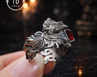 Garnet Ring 925 Silver Heart Ring Gothic Style Adjustable Oxidized Gift for Her Fantasy Jewelry Abstract Flame Design