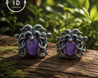 Handgjort Medusa-hänge i 925 silver med ametist-ansikte, gotiska ormsmycken, mystiskt fantasihänge