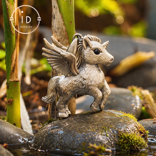 Einhorn Anhänger 925 Silber mit Onyx Augen, Pegasus Schmuck im Gothic Stil, handgemacht, Geschenk für Frauen Weihnachten Geburtstag
