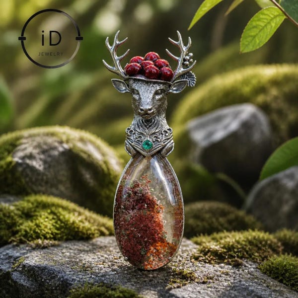 Hirsch Anhänger 925 Silber mit Phantomquarz, Wald Schmuck Vintage Stil, Edelstein Schmuck Geschenk für sie Geburtstag Weihnachten