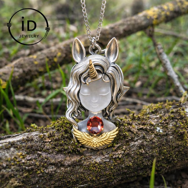 Einhorn Elf Granat Anhänger Halskette 925 Sterling Silber Mythischer Schmuck Geflügeltes Design Soul Core Symbolisches Geschenk