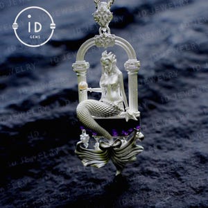 Amethyst Mermaid Pendant, Hand Carved Ocean Goddess Necklace, Mythical Sea Jewelry Gift, Fantasy Underwater Charm for Her, Unique Art