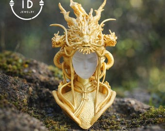 Gold Dragon Goddess Pendant, 925 Sterling Silver Statement Necklace, Fantasy Jewelry, Gift for Halloween Christmas Birthday Valentine